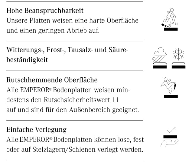 Eigenschaften von Emperor-Terrassenplatten