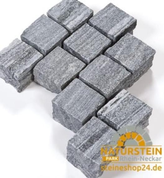Pflastersteine Gneis "BIANKA" (silbergrau-liniert) -geflammt- 10x10x8 cm